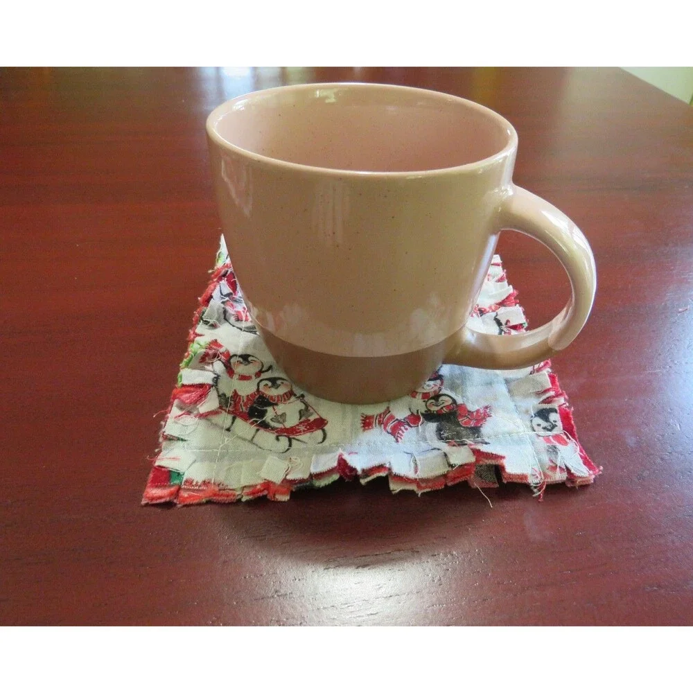 Rag Quilt Coasters, Set of 4, Reversible Christmas Snowmen and Penguin Mug Rugs
